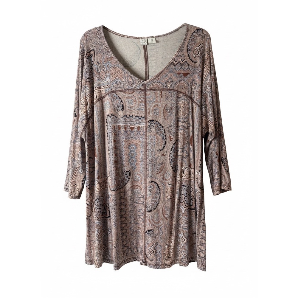 Artisan‎ NY Womens 1X Paisley V-Neck 3/4 Sleeve Tunic Top Brown Blue Boho